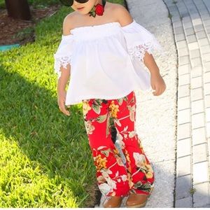 White top bell bottom pants girls flower 🌺 Flared mini me mom trendy toddler